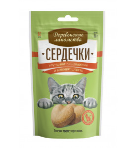 Деревенские лакомства, д/кошек сердечки для улучшения пищеварения, выводят шерсть